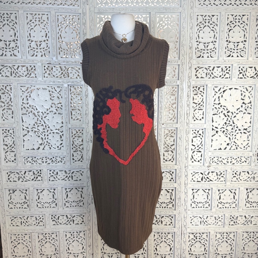 Brown Ribbed Cowl Neck Sweater Dress Sz‎ S/M Graphic Indie Avante Garde Retro